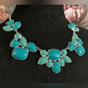 Blue & Green Plastic set in Silver Tone Chunky Necklace